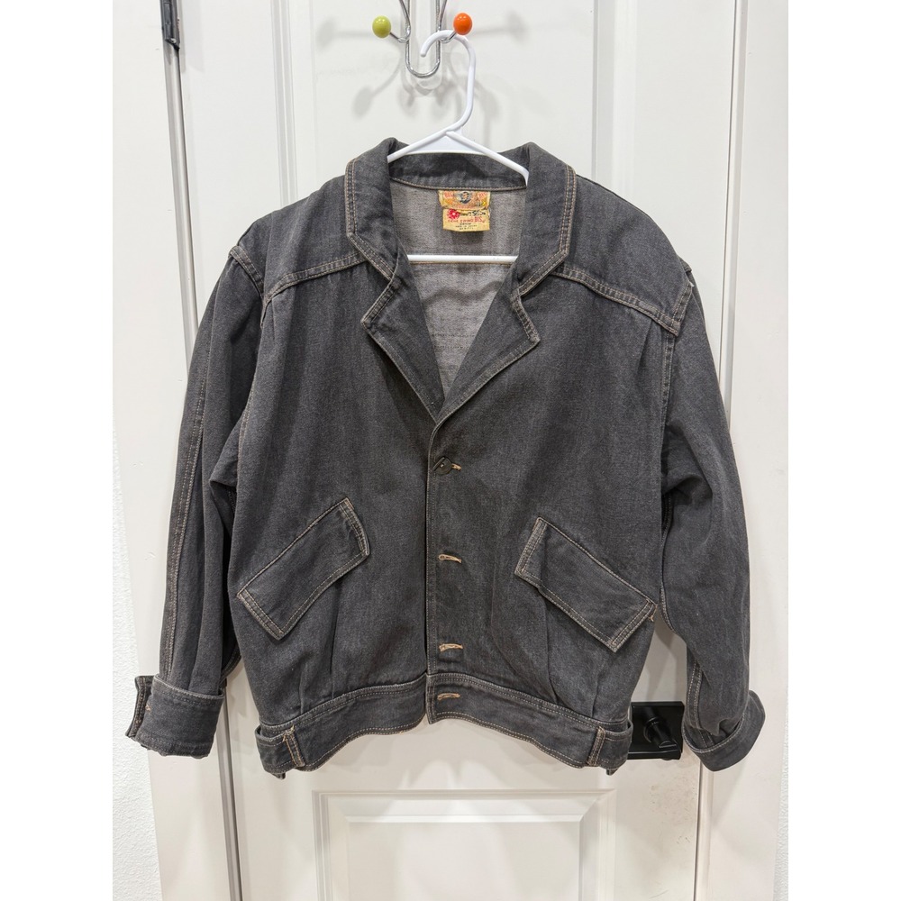 Gene Ewing BIS Vintage Black Denim Jacket Womens P Blazer Style Boxy Pockets 80s